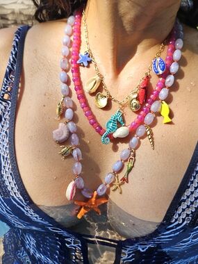 Layered Pink Beach Coastal Charm Necklace Set